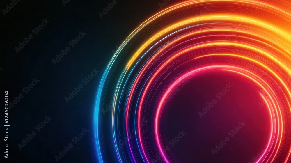 Poster a vibrant, abstract design featuring concentric circles in bright neon colors against a dark backgro