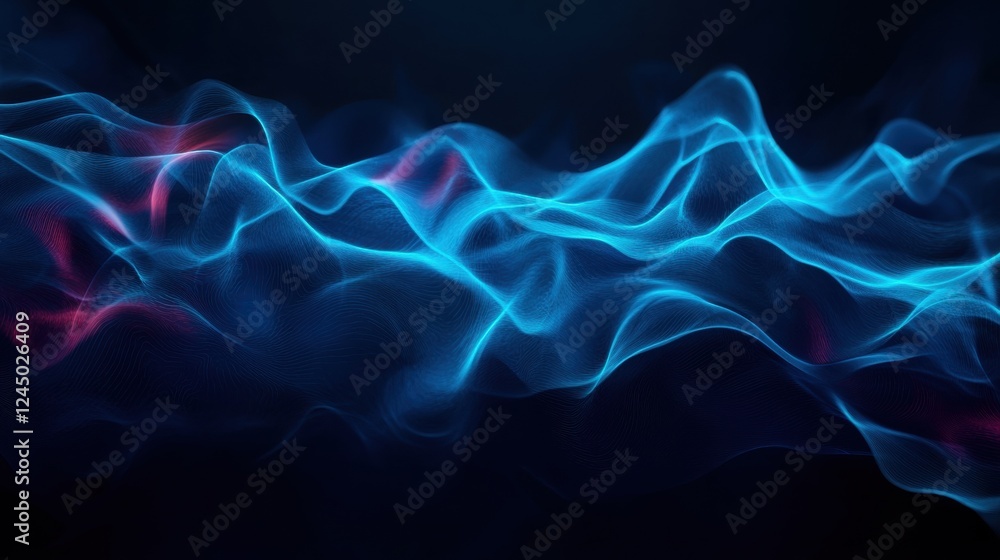 Poster a vibrant, abstract image showcasing flowing blue and red light waves against a dark background, cre