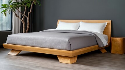 Modern minimalist bedroom design featuring wooden bed and decor