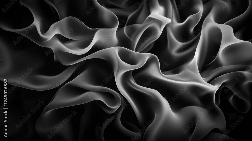 Poster a close-up of flowing, soft fabric in shades of black and gray, creating an elegant and dynamic text