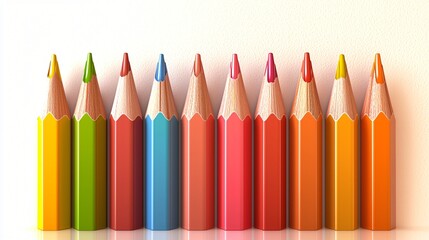 Colorful Pencils Arranged in a Row on White Background.