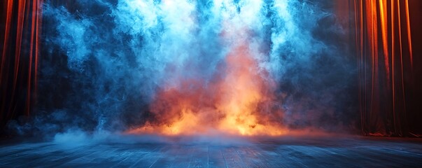 Stage opening with dramatic light effects and smoke, perfect for presentations or theatrical displays.
