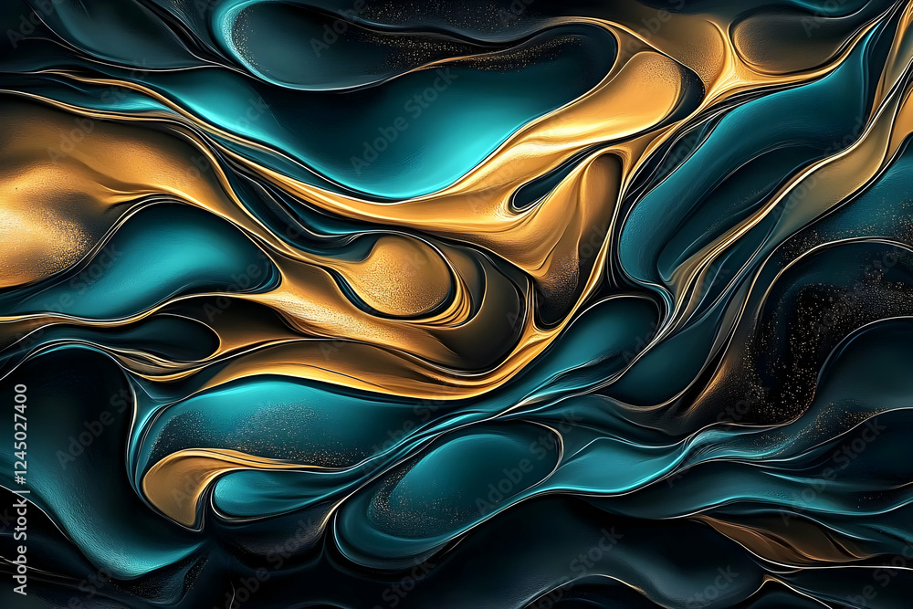 Poster abstract background with swirling gold and teal colors creating a luxurious and elegant design