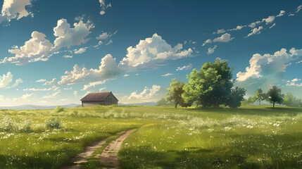 Obraz premium Serene countryside landscape featuring a rustic barn amidst lush green fields and vibrant skies