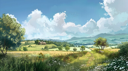 Lush countryside landscape with rolling hills, vibrant greenery, and a serene pathway leading to a distant farmhouse under a bright blue sky