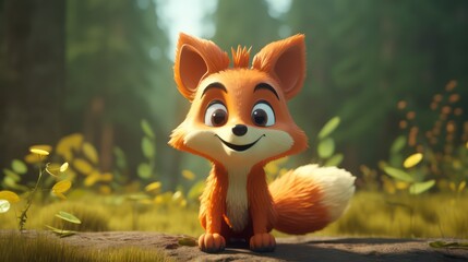 Fototapeta premium A cute animated fox is featured sitting peacefully in a vibrant and whimsical forest environment, conveying friendliness and enchantment.