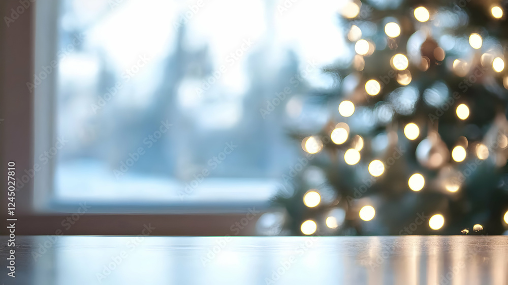 Poster blurred christmas tree lights reflecting on shiny tabletop by window with snowy view