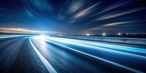 High speed motion blur on a dark night road with light stripes moving rapidly over the asphalt surface under an abstract blue sky , blue sky , acceleration