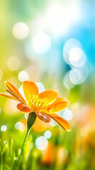 Single Orange Flower Blooms Vibrantly in Softly Lit Garden with Dreamy Bokeh Background