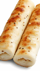 Two Toasted Cheese Bread Rolls Sprinkled with Herbs on a White Background.