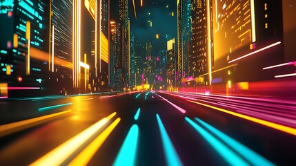 Obraz premium Neon Cityscape Vibrant Nighttime Streetscape Digital Art