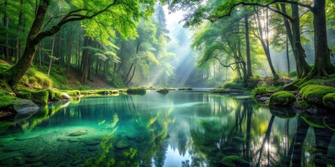 Obraz premium Misty forest glade with crystal-clear pool reflecting verdant canopy above,