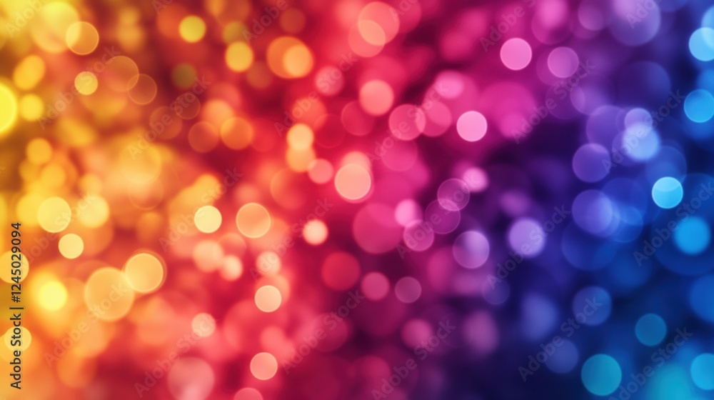 Poster a vibrant, colorful background featuring a blur of bokeh lights in rainbow hues, creating a festive 
