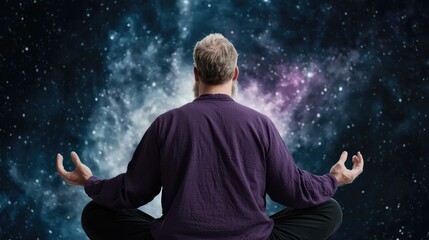 Fototapeta premium Man meditates cosmic background, universe, peace, mindfulness, spiritual