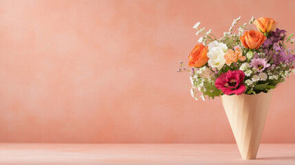 Fototapeta premium vibrant bouquet of colorful flowers in cone shaped vase against soft peach background creates cheerful and elegant atmosphere