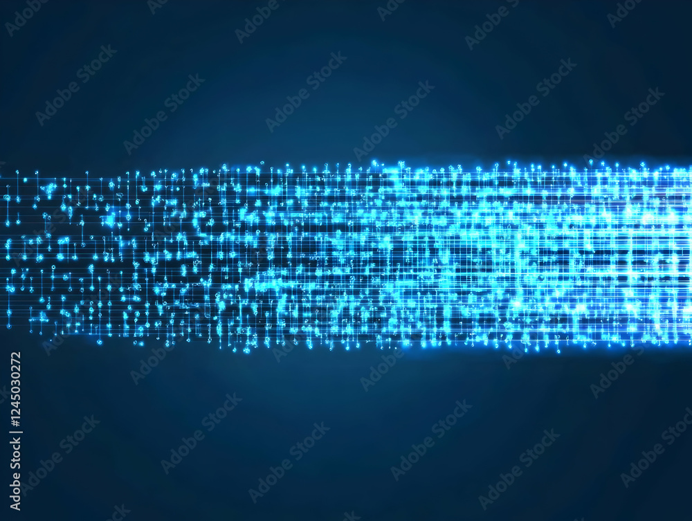 Poster abstract blue glowing lines and dots form a futuristic data stream on a dark background