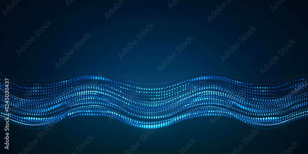 Poster abstract blue wavy lines flowing smoothly with glowing dots on a dark background for technology