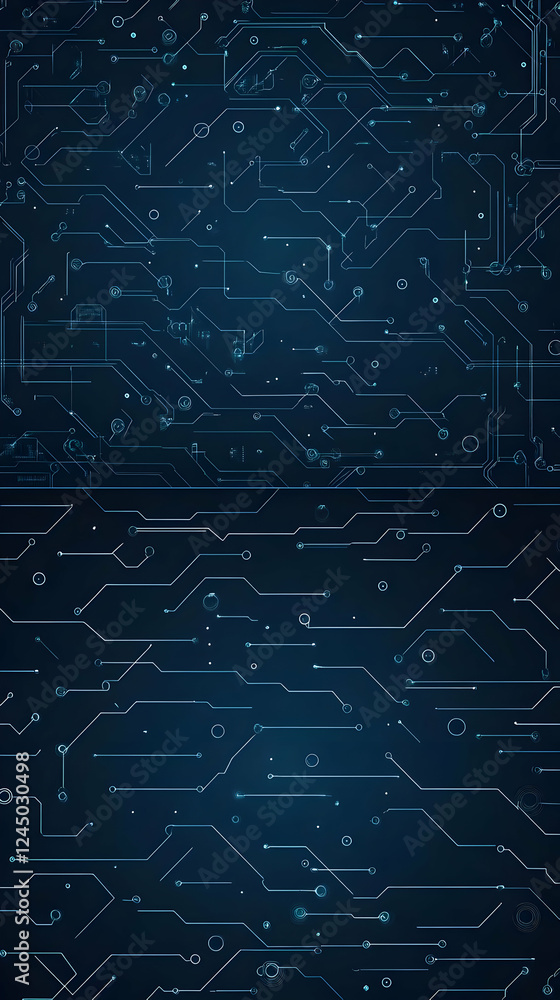 Poster intricate circuit board pattern illuminates a dark background with glowing blue lines and nodes