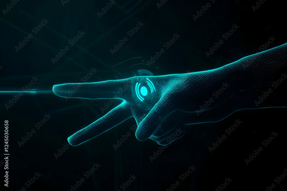 Poster 3d wireframe hand points with glowing interface, futuristic technology concept in dark background