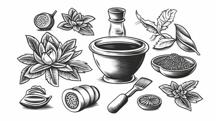 Herbal Remedies Illustration Set Features Mortar, Pestle, Herbs, and Spices for Natural Wellness
