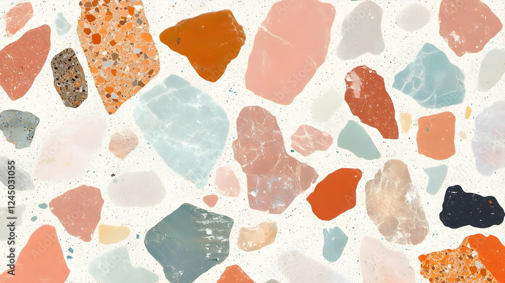 Poster terrazzo texture background displays colorful stone fragments embedded in concrete seamlessly beauti
