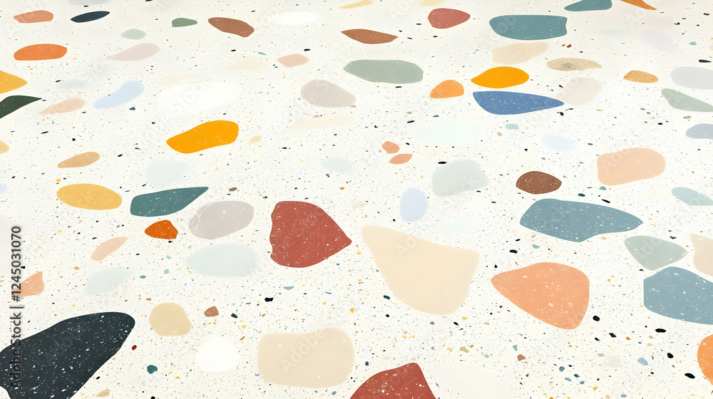 Poster colorful terrazzo texture background with irregular shaped aggregates, creating a vibrant and stylis