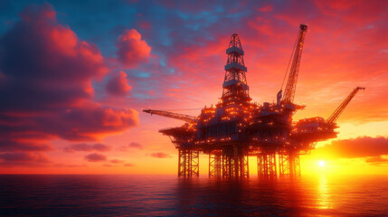 Obraz premium vivid depiction of rig under construction with stunning sunset backdrop, showcasing intricate details of structure against colorful clouds
