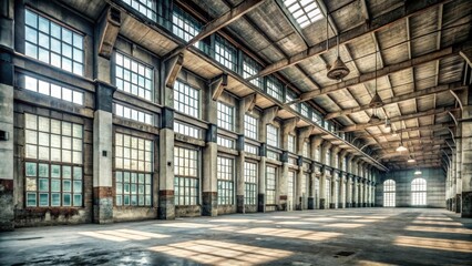 Fototapeta premium Abandoned concrete industrial hall with high ceilings and large windows, large window, industrial architecture