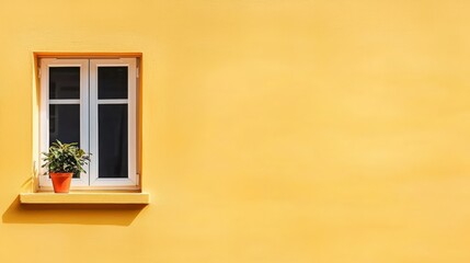 Fototapeta premium Sunny Yellow Wall with Window Plant Minimalist Design