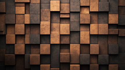 Textured wall made of varying sizes of square tiles in earthy tones, creating modern and artistic appearance. interplay of light and shadow adds depth and interest