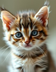 Playful tabby kitten with striking blue eyes poses for a close-up in soft indoor lighting
