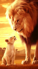 Majestic Lion and Cub Share a Tender Moment in the Golden Savanna Sunset Glow