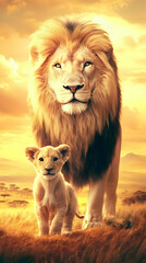 Majestic Lion and Cub Stand Proudly in Golden Sunset Savanna