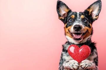 Australian cattle dog - my desired dog. Marketing conceptual art. Cute australian cattle dog pup with diamond red heart - sign of love, funny greeting card. Valentine's cute puppy poses.