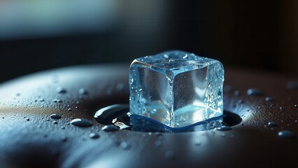 Single melting ice cube with water puddle on a dark textured surface in close-up	