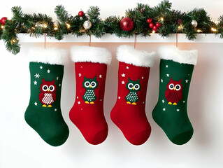 Four Festive Owl Christmas Stockings Hanging from a Decorated Mantelpiece