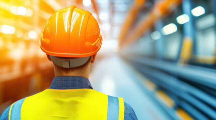worker in safety helmet and vest stands in warehouse, observing environment. bright colors and industrial setting convey sense of safety and professionalism