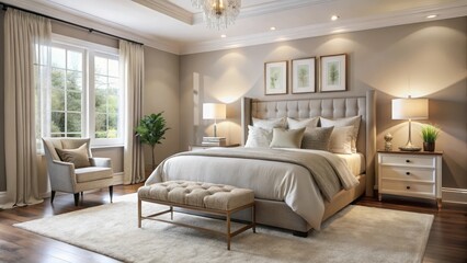 Fototapeta premium bedroom with soft neutral tones and plush bedding, relaxing space, serene ambiance