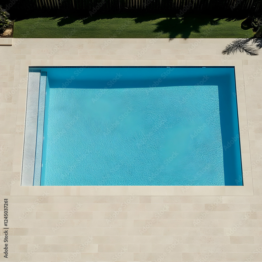 Poster aerial view of a tranquil rectangular swimming pool with steps and travertine pavers