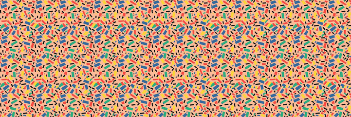 Seamless pattern with geometric shapes in the style. Multicolored vintage background with triangles, circles and squares for textile, fabric and Sudanese fabric art.