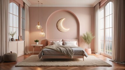 Soft pink walls with a plush area rug and a cozy bed under a crescent moon-shaped window that filters gentle light , pink room, calming atmosphere