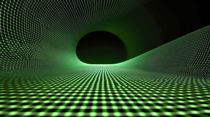 Obraz premium Abstract Green Digital Tunnel: A Futuristic 3D Grid Network Design, Exploring Connections and Data Structures in Cyberspace