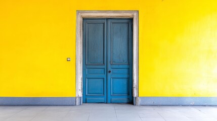 Bright Yellow Wall with Blue Wooden Door in Modern Interior Design