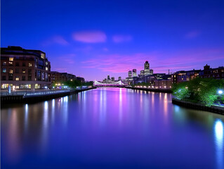 Obraz premium Cityscape reflects in tranquil river at dusk with vibrant illuminated bridge and skyline beautifully.