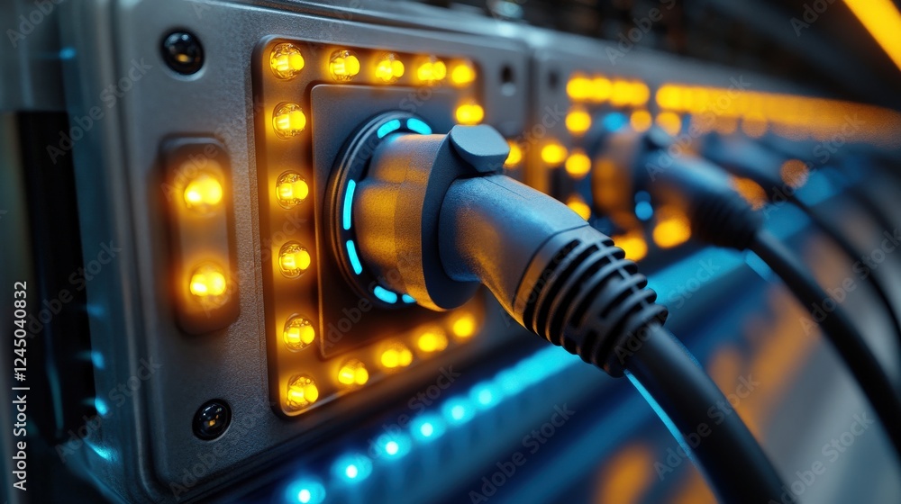 Aufkleber close-up of illuminated power connectors with vibrant led indicators in a tech environment