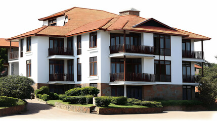 Fototapeta premium White Multi-Story Building with Red Tile Roof Features Balconies and Lush Landscaping