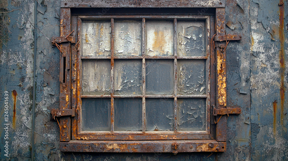 Poster rusty window: a weathered architectural gem. a captivating image of an aged, rusty window on a weath