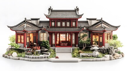 Fototapeta premium Cartoon House with Unique Architectural Style Isolated In White Background