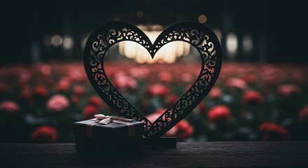 Creative cut-out silhouette of a heart revealing a blurred rose behind, a gift box2