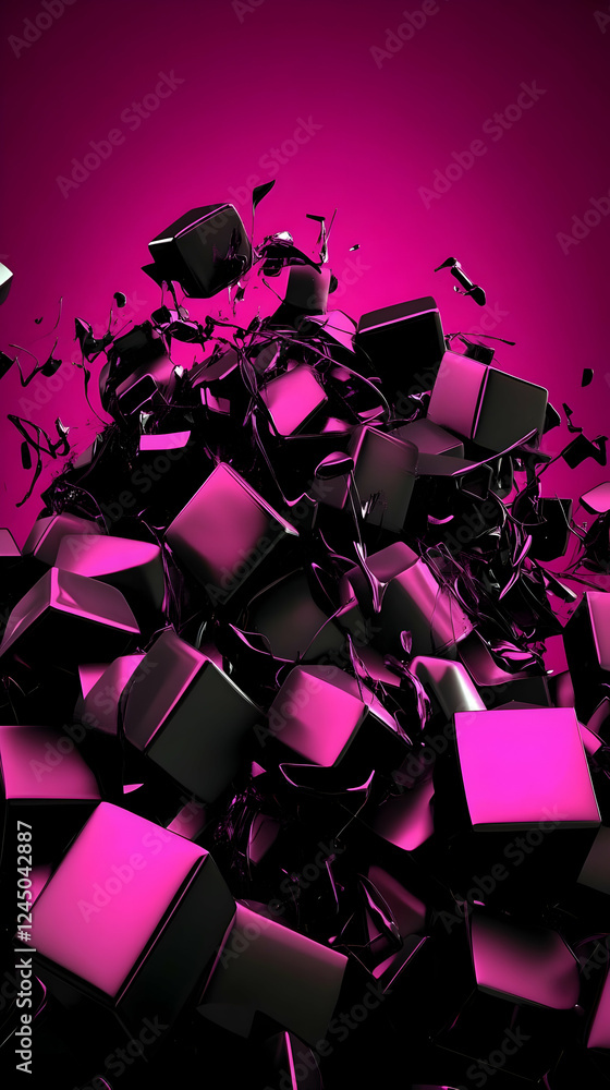 Poster abstract 3d render of black and pink cubes exploding dynamically against a vibrant backdrop